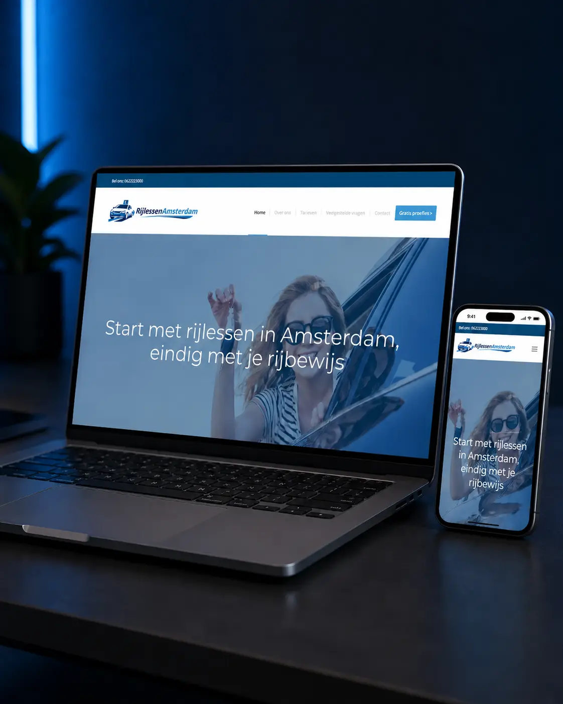 Desktopweergave van de WordPress-website RijlessenAmsterdam